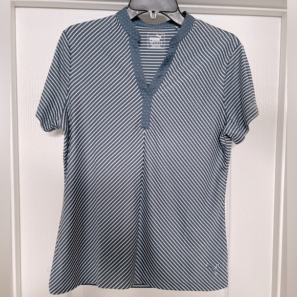 Puma Tops - Puma golf short sleeve v neck top size Large- dusty blue and white stripe